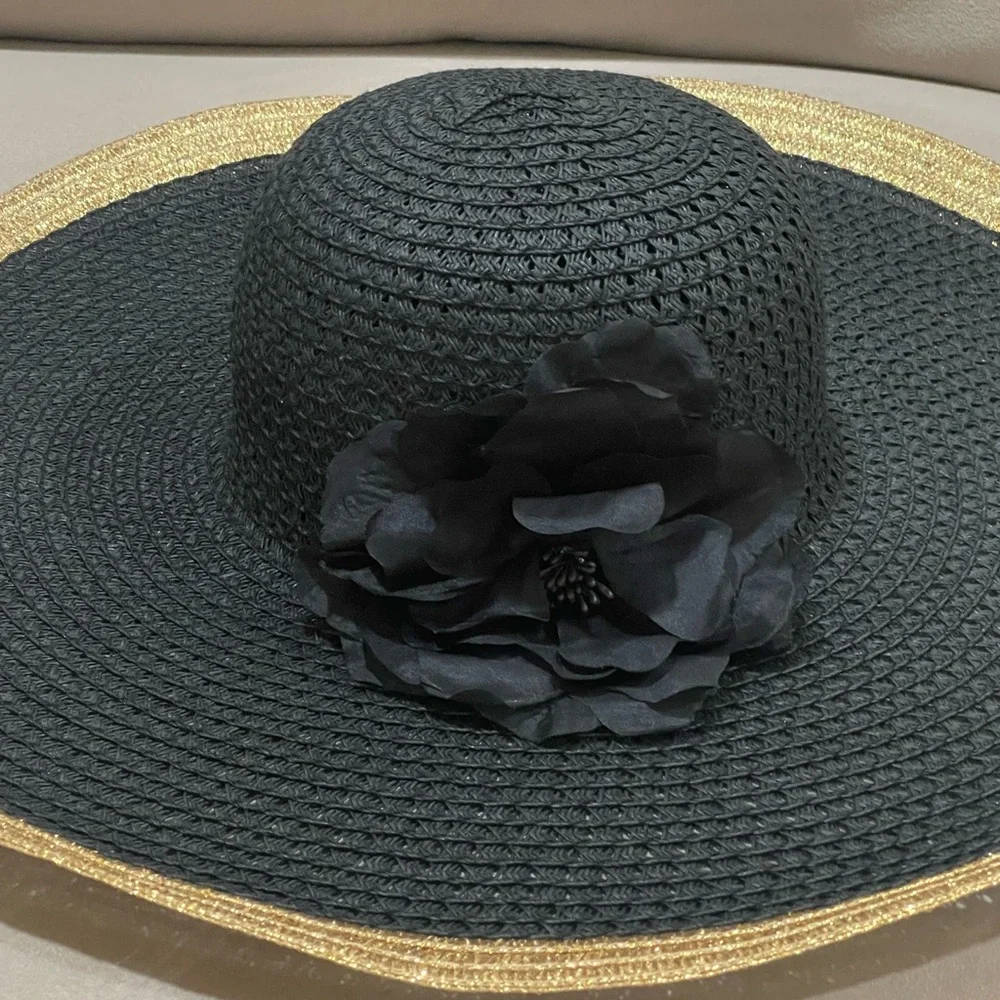 Apt 9 Floppy Straw Beach Sun Hat With Flower Vacation Summer Gold Black One Size - Picture 7 of 8